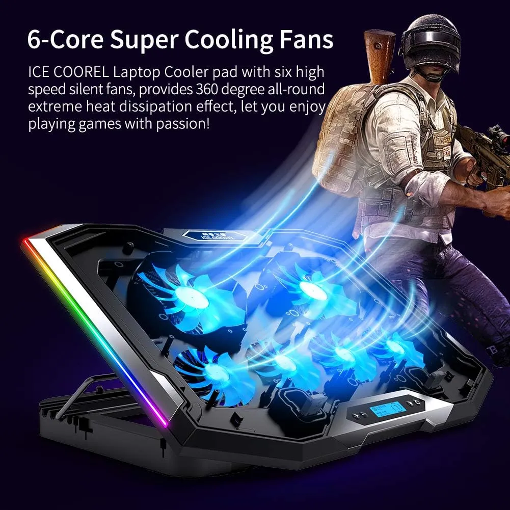 ICE COOREL Gaming Laptop Cooling Pad 15-17.3 Inch, Laptop Fan with 6 RGB Cooling Fans, Laptop Cooling Stand with 6 Height Adjustable, Laptop Cooler with LCD Screen, 2 USB Ports, Phone Stand