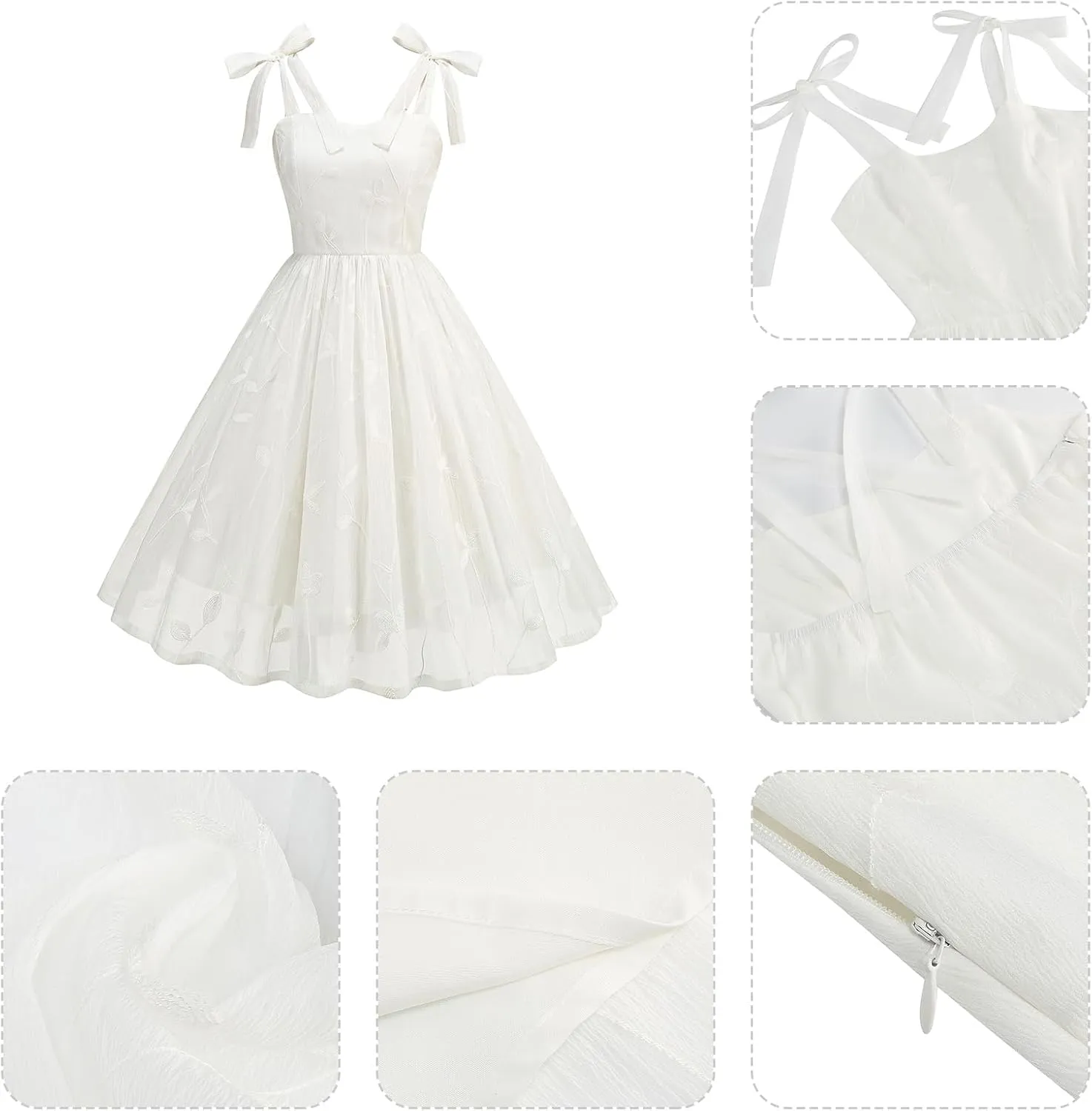 IDOPIP Women Vintage Bowknot Swing Dress Elegant Leaf Embroidery Mesh Dress 1950s Retro Cocktail Prom Gown Formal Midi Dress