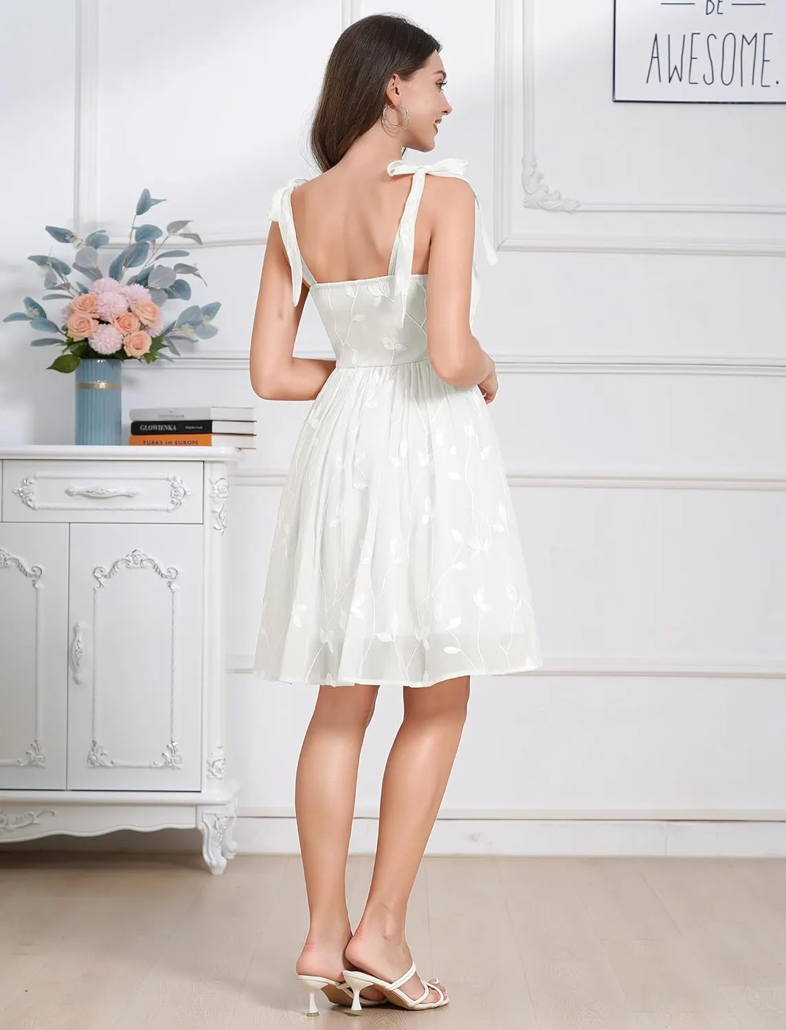 IDOPIP Women Vintage Bowknot Swing Dress Elegant Leaf Embroidery Mesh Dress 1950s Retro Cocktail Prom Gown Formal Midi Dress