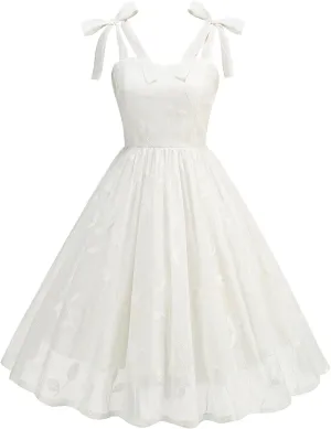 IDOPIP Women Vintage Bowknot Swing Dress Elegant Leaf Embroidery Mesh Dress 1950s Retro Cocktail Prom Gown Formal Midi Dress