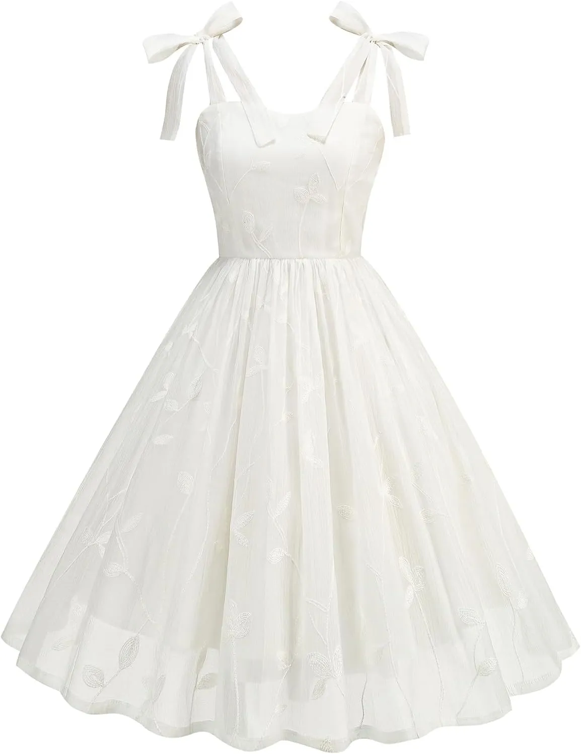 IDOPIP Women Vintage Bowknot Swing Dress Elegant Leaf Embroidery Mesh Dress 1950s Retro Cocktail Prom Gown Formal Midi Dress