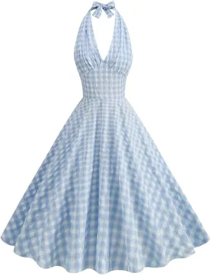 IDOPIP Women's 1950s Vintage Plaid Dress Retro Cocktail Swing Dress Prom Party Midi Dress Wedding Guest Outfit Gingham Gown