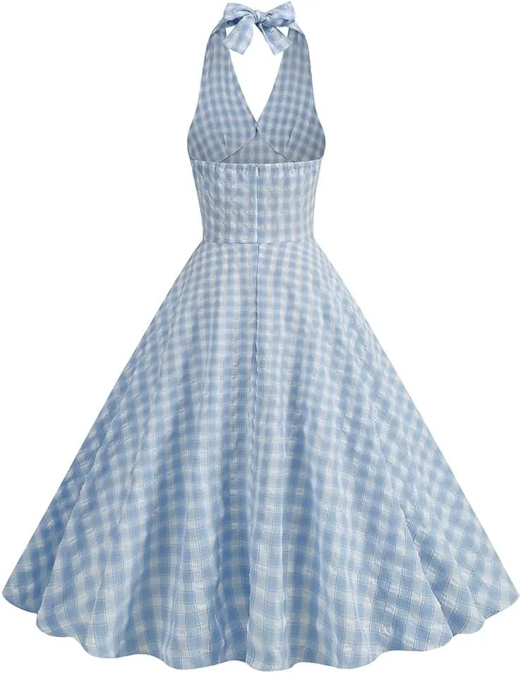 IDOPIP Women's 1950s Vintage Plaid Dress Retro Cocktail Swing Dress Prom Party Midi Dress Wedding Guest Outfit Gingham Gown