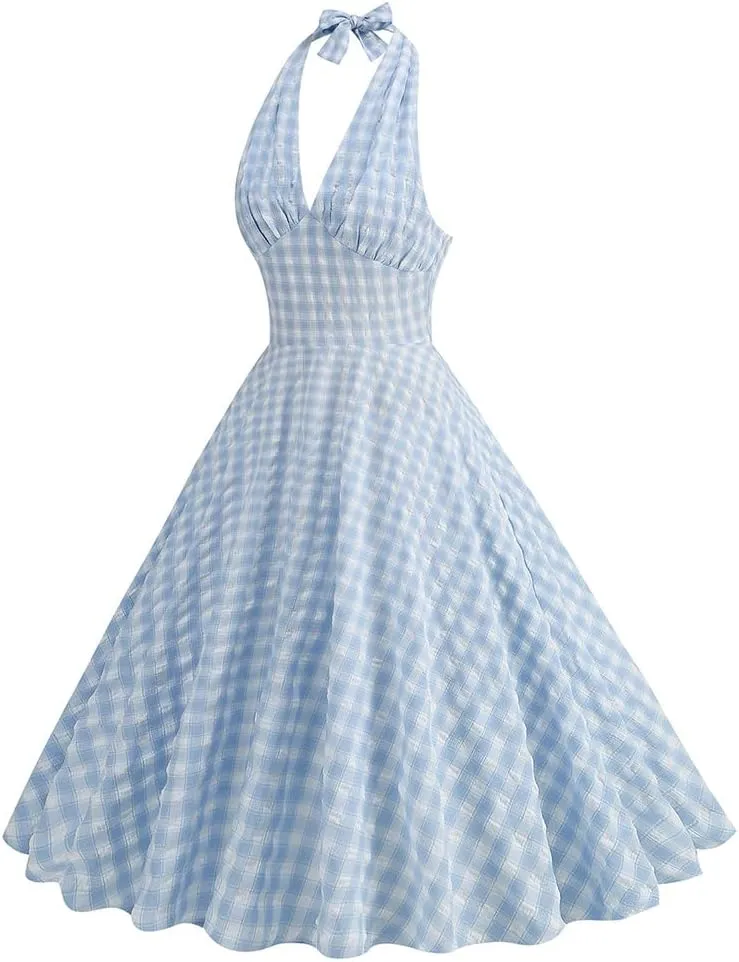 IDOPIP Women's 1950s Vintage Plaid Dress Retro Cocktail Swing Dress Prom Party Midi Dress Wedding Guest Outfit Gingham Gown