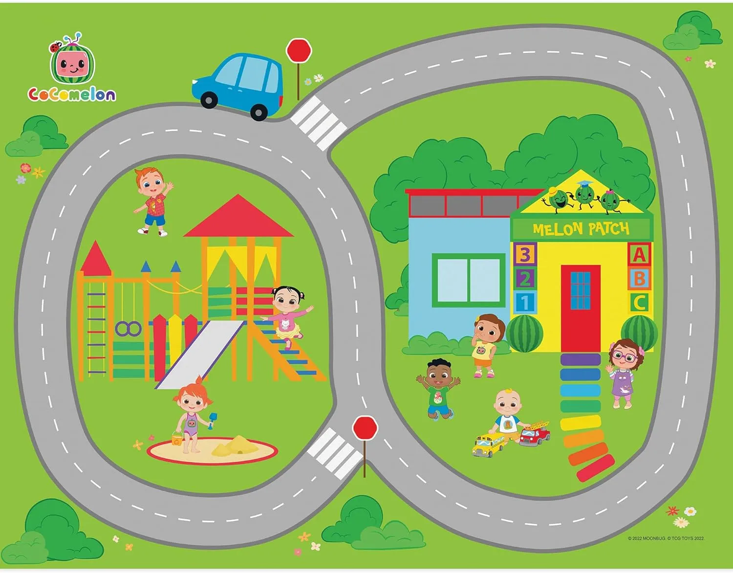 Imaginmat: Deluxe - Cocomelon - Floor Playmat & Toy Car, 30.5 x 20.5, Character Vehicle & Road Accessories, Durable EVA Foam Mat, Licensed, Kids 3 