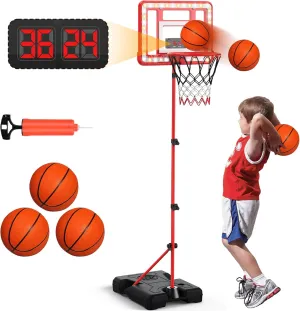 Indoor Mini Basketball Hoop with Scoreboard & Timer, Kids Toddler Adjustable Height 3ft-5.8ft Stand Basketball Hoop Goal Toy for Outdoor Backyard,Sports Game for Boys Age 3-12