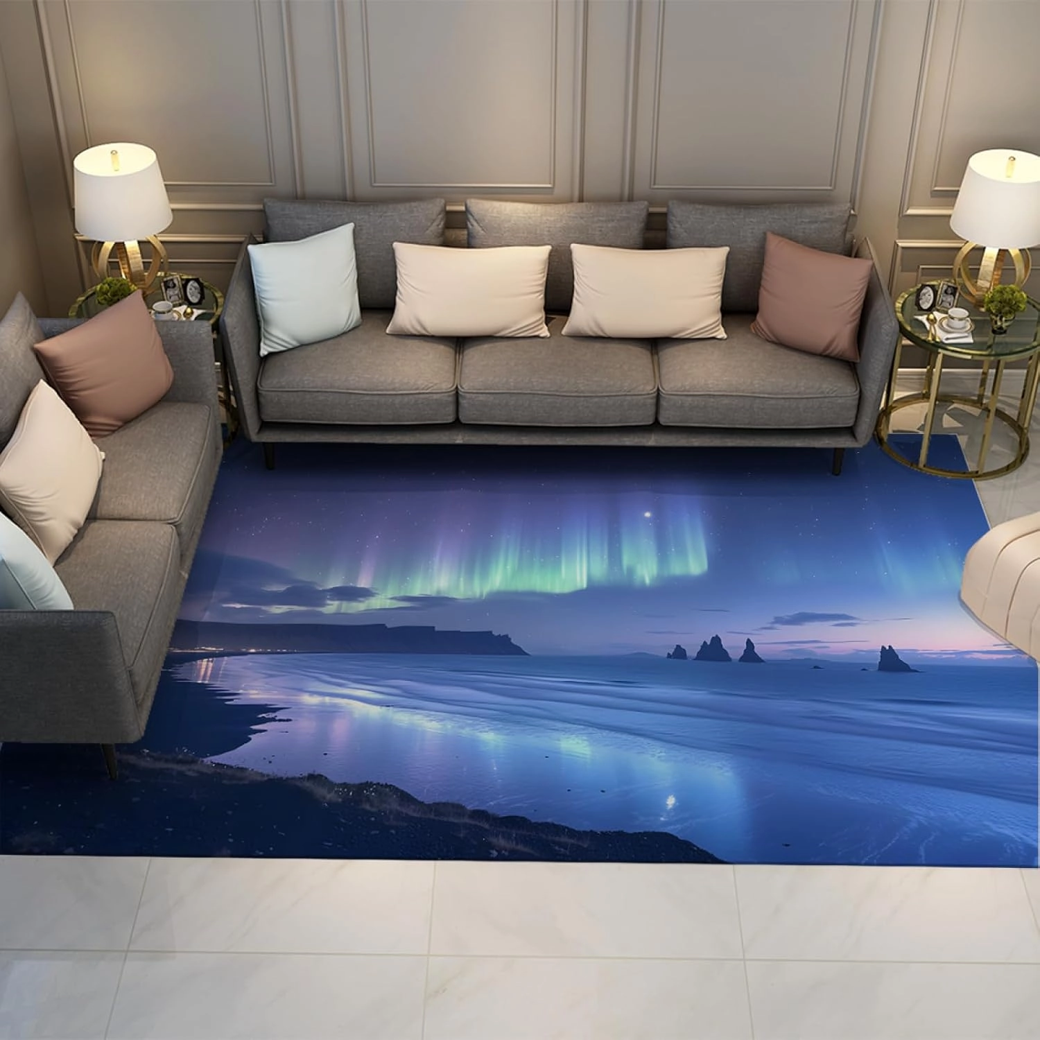 Indoor Carpet Ocean Theme Polar Night Landscape Area Rugs Modern Nordic Style Aurora Scenery Prints Rug for Doom Office Decor 2'x3'