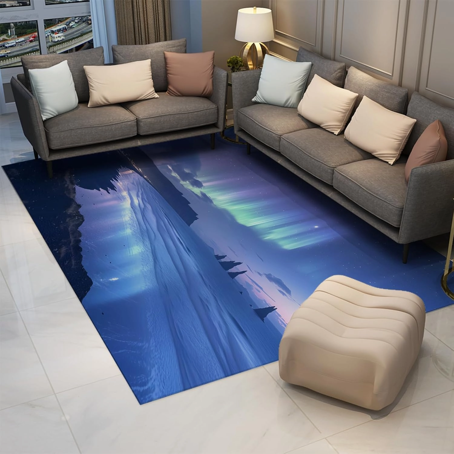 Indoor Carpet Ocean Theme Polar Night Landscape Area Rugs Modern Nordic Style Aurora Scenery Prints Rug for Doom Office Decor 2'x3'