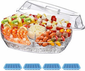 INNOVATIVE LIFE Appetizer Serving Tray on Ice, 15 Inch Party Platter with 4 Ice Cube Tray, Kitchen Chilled Food Bowl with Compartment and Lids for Shrimp, Fruits, Vegetables, Salads, Sushi, Clear
