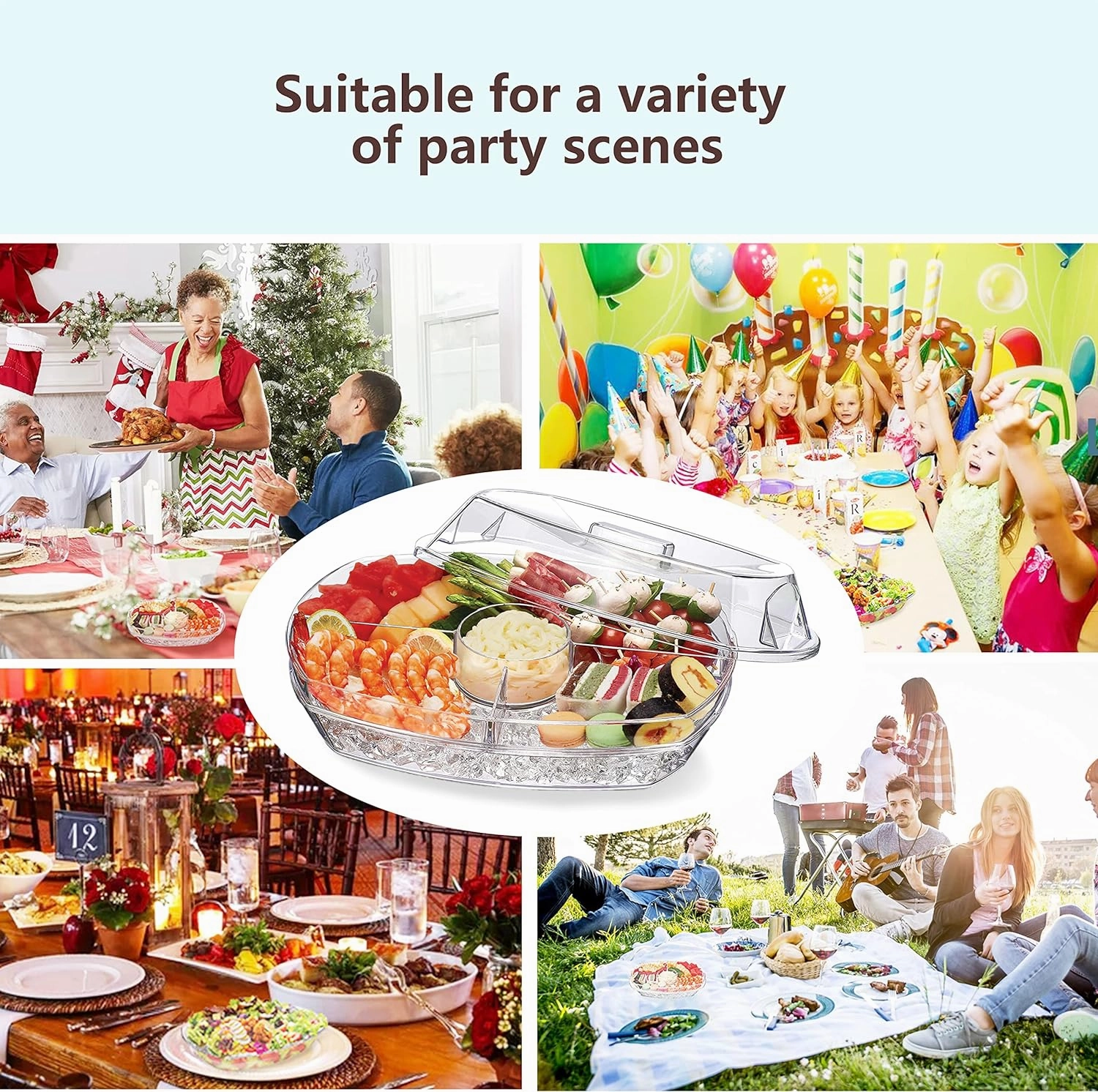 INNOVATIVE LIFE Appetizer Serving Tray on Ice, 15 Inch Party Platter with 4 Ice Cube Tray, Kitchen Chilled Food Bowl with Compartment and Lids for Shrimp, Fruits, Vegetables, Salads, Sushi, Clear