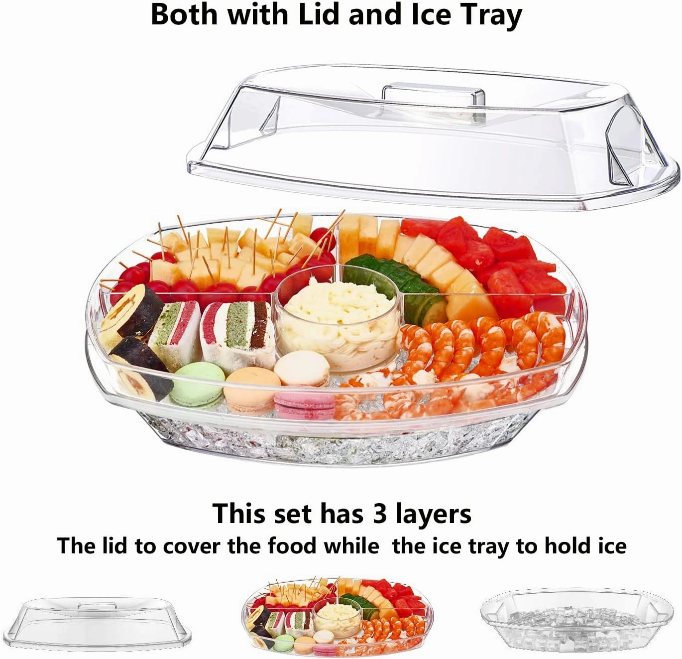 INNOVATIVE LIFE Appetizer Serving Tray on Ice, 15 Inch Party Platter with 4 Ice Cube Tray, Kitchen Chilled Food Bowl with Compartment and Lids for Shrimp, Fruits, Vegetables, Salads, Sushi, Clear