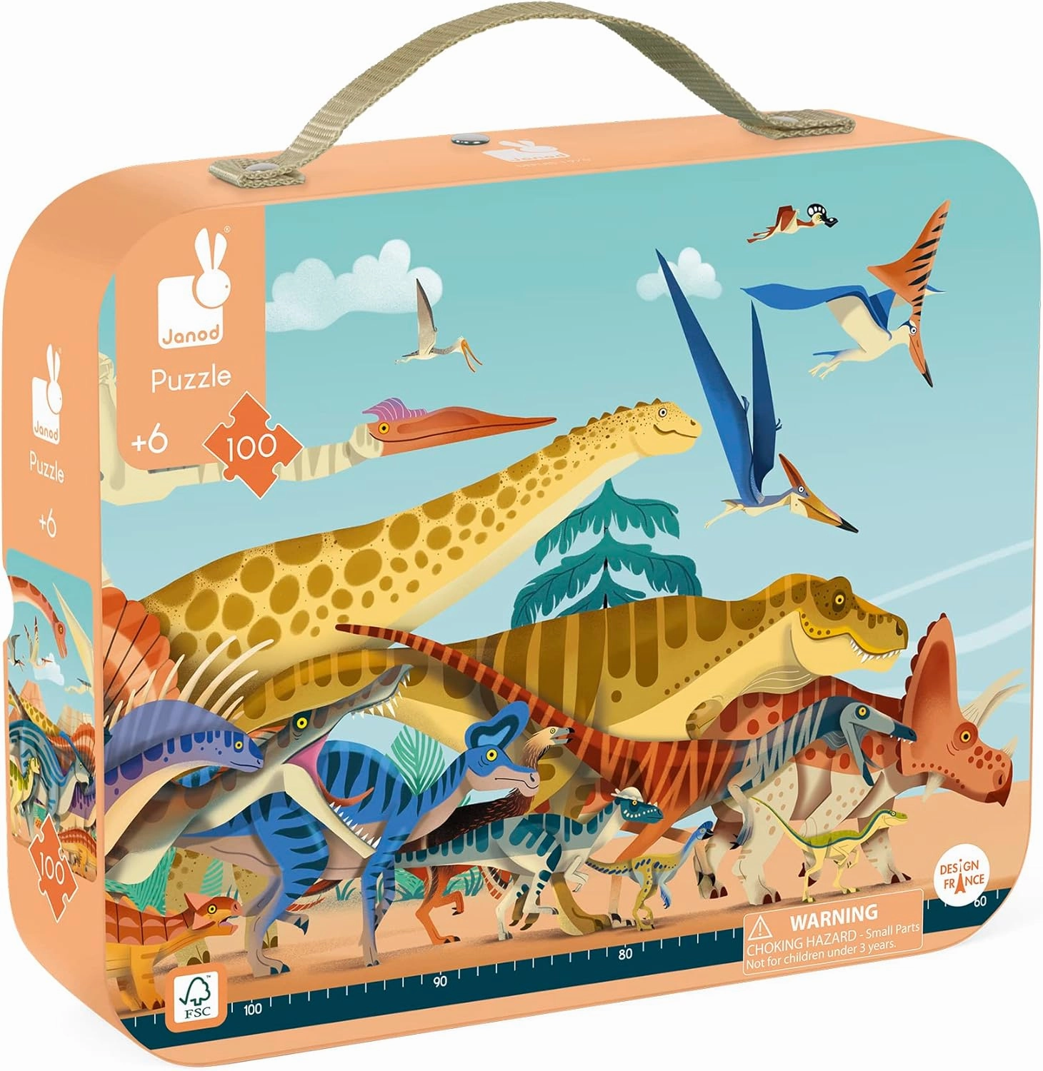 Janod 100 Piece Children’s Jigsaw Puzzle - Dino Panorama - Giftable Carrying Case with Fabric Handle - Learning and Exploration - Ages 6-10 Years - J02540