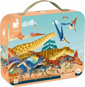 Janod 100 Piece Children’s Jigsaw Puzzle - Dino Panorama - Giftable Carrying Case with Fabric Handle - Learning and Exploration - Ages 6-10 Years - J02540