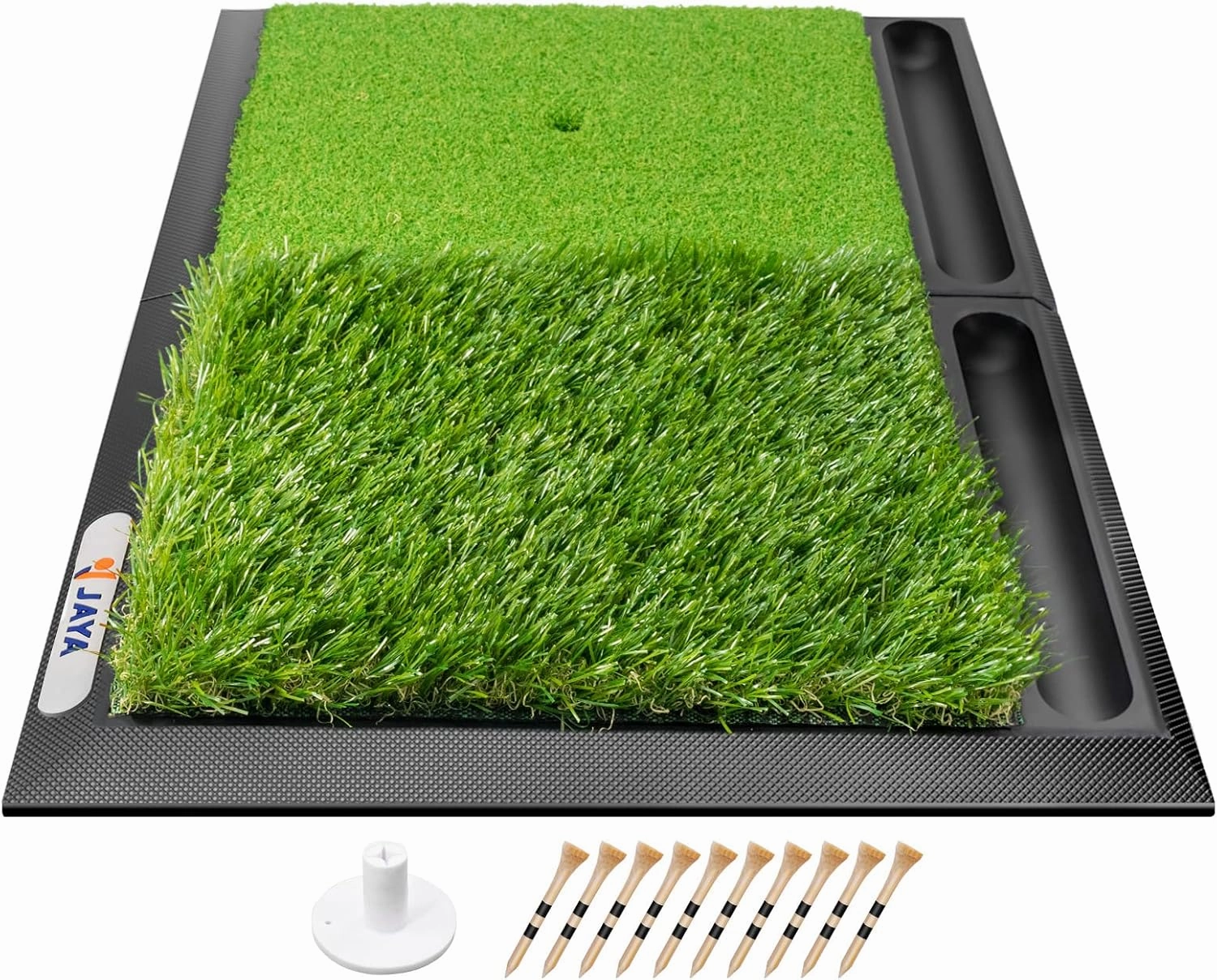 JAYA Golf Hitting Mat with Ball Tray, Heavy Rubber Base, Fairway & Rough Turf Golf Training Mat, Golf Tees and Rubber Tee Holder Included, Portable Golf Practice Mat for Indoor and Outdoor