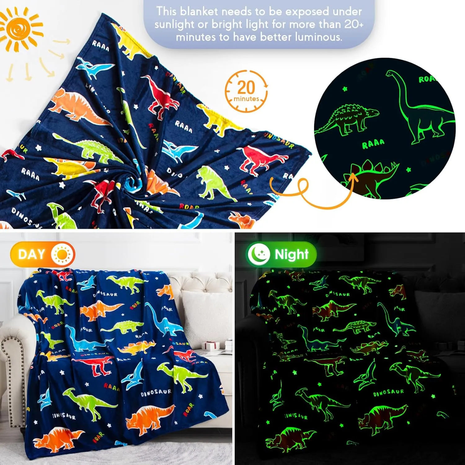 Jekeno Dinosaur Glow in The Dark Blanket Dino Throw for Kids Boys Girls Birthday Easter Decor for Age 1-14 Years Old Teens Child Toddler Son Throw Navy Blue 50"x60"