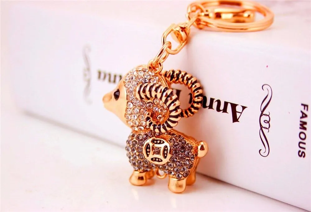 JewelBeauty Lamb Sheep Fortune Coin Goat Charm Pendant Crystals Rhinestones Purse Car Bag Keyring Key Chain (Grey)