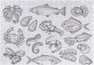 Jigsaw Puzzle for Teens Adults Seafood Sketch.Vintage Fish Pattern Puzzle Large Challenge Educational Puzzles Game Toys Gift Boredom Buster Artwork Home Wall Decor