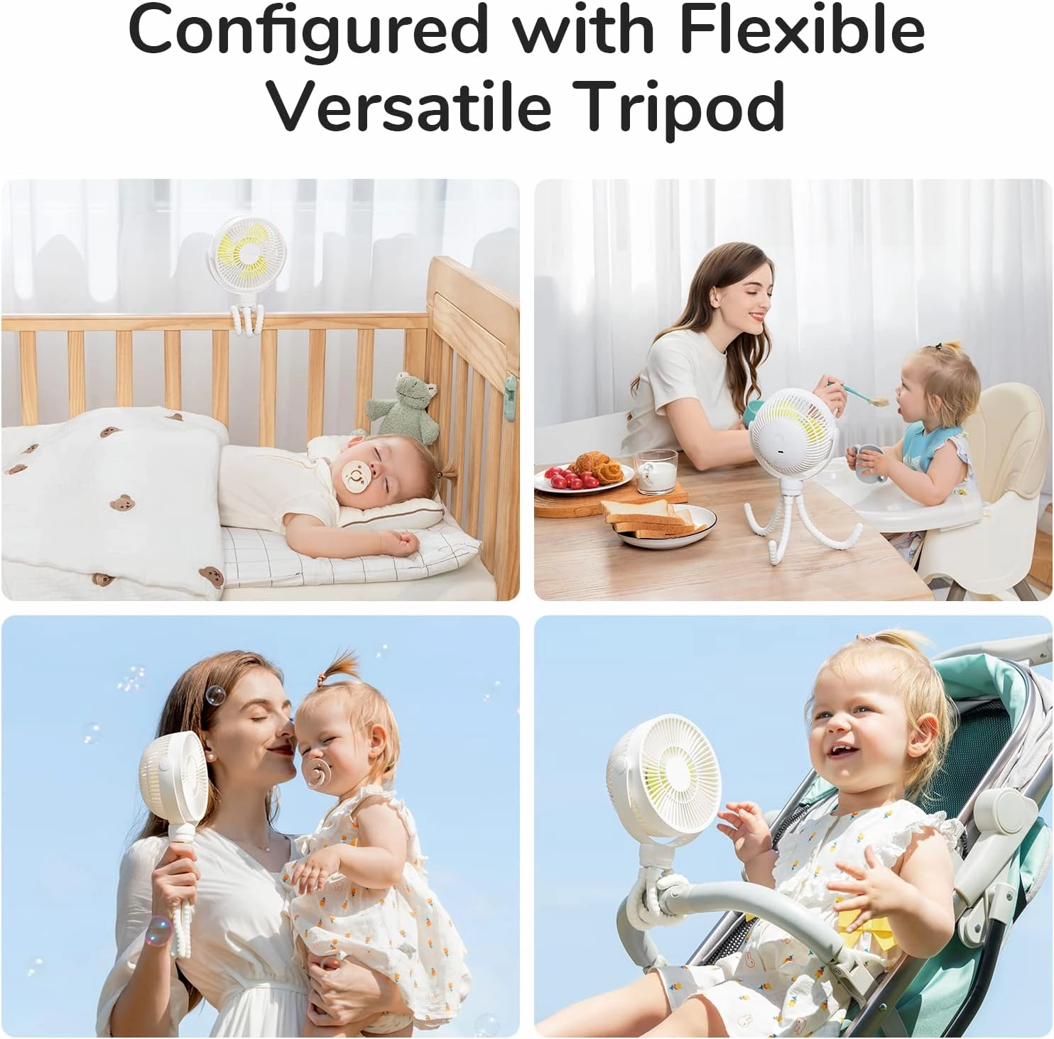 JISULIFE Mini Stroller Fan 4000mAh Battery Operated with 4 Speeds, Rechargeable 720°Rotatable, Clip on for Baby Carseat/Crib/Golf Cart/Treadmill -White