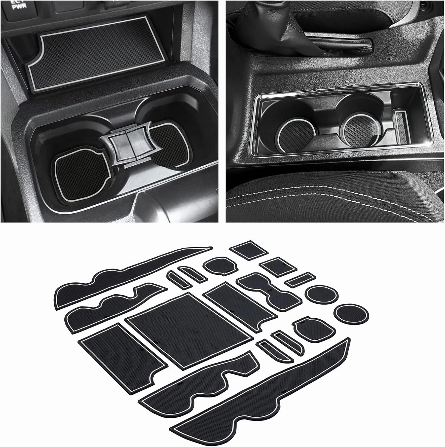 JKCOVER Premium Custom Liner Mat Accessories Compatible with Toyota Tacoma 2016 2017 2018 2019 2020 2021 2022 2023, Cup Holder, Door Pocket and Center Console Inserts 19 Pcs (Double Cab, White Trim)