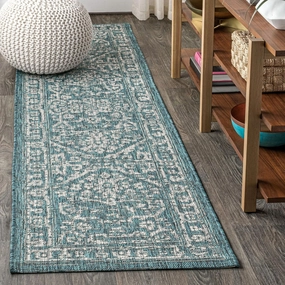 JONATHAN Y SMB104B-210 Malta Bohemian Medallion Textured Weave Indoor/Outdoor 2 ft. x 10 ft. Runner Rug, Coastal, Traditional, Transitional, Vintage, Rustic, Stain-Resistant, Pet Friendly, Teal/Gray