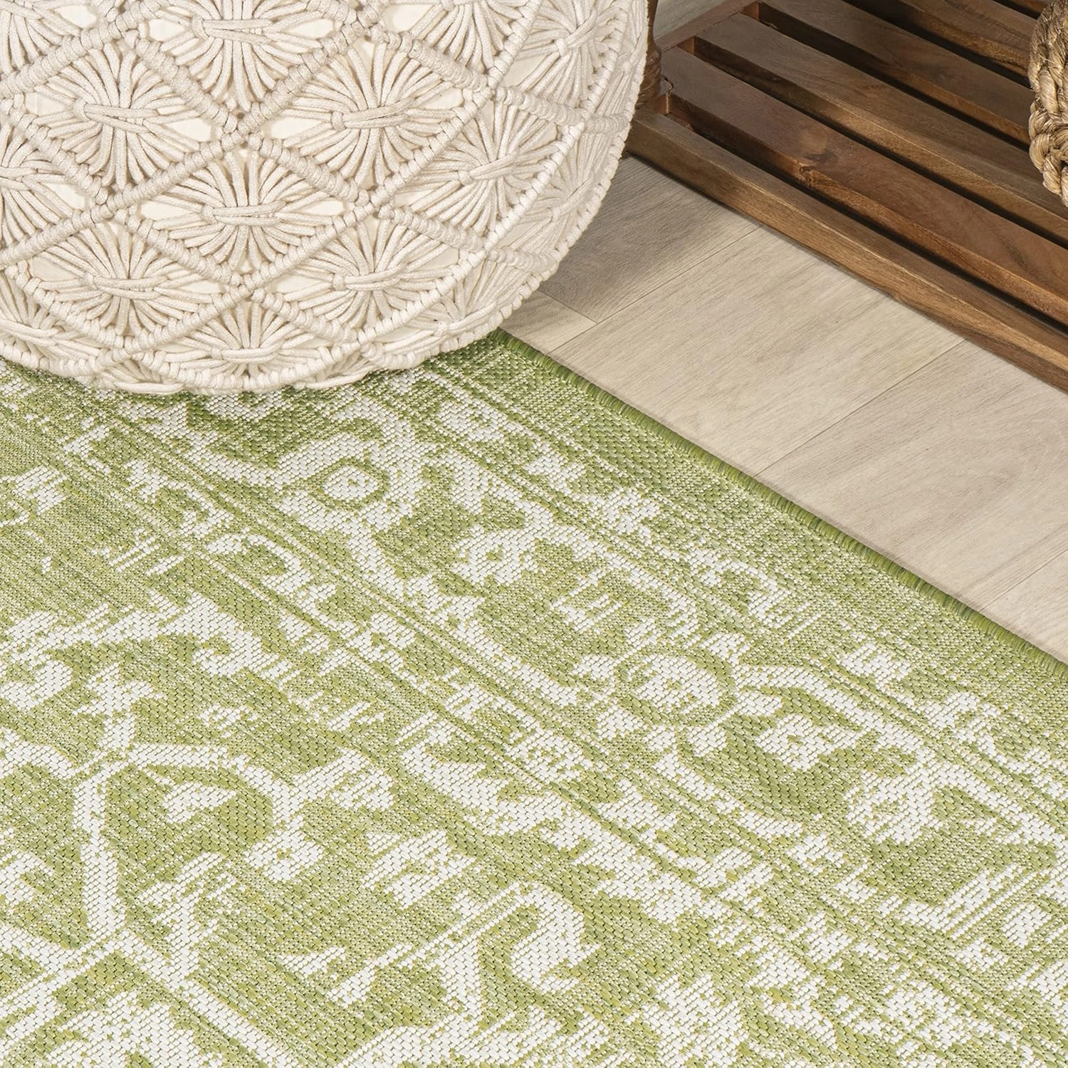 JONATHAN Y SMB104D-210 Malta Bohemian Medallion Textured Weave Indoor Outdoor Runner Rug, Coastal,Traditional,Transitional Easy Clean,Bedroom,Kitchen,Backyard,Patio, Non-Shed, Green/Cream, 2 X 10