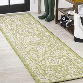 JONATHAN Y SMB104D-210 Malta Bohemian Medallion Textured Weave Indoor Outdoor Runner Rug, Coastal,Traditional,Transitional Easy Clean,Bedroom,Kitchen,Backyard,Patio, Non-Shed, Green/Cream, 2 X 10