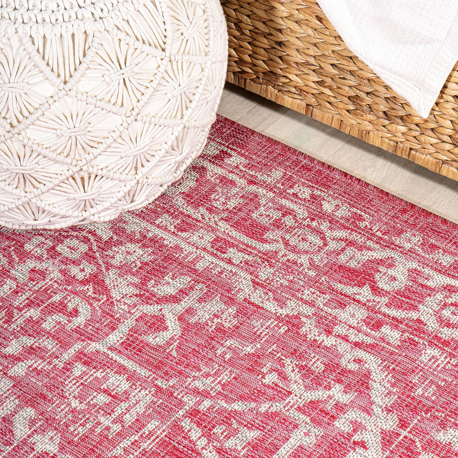 JONATHAN Y SMB104E-210 Malta Bohemian Medallion Textured Weave Indoor Outdoor Runner Rug,Coastal,Traditional,Transitional Easy Clean,Bedroom,Kitchen,Backyard,Patio,Non-Shed,Fuchsia/Light Gray, 2 X 10
