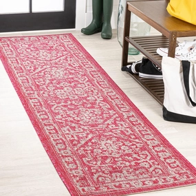 JONATHAN Y SMB104E-210 Malta Bohemian Medallion Textured Weave Indoor Outdoor Runner Rug,Coastal,Traditional,Transitional Easy Clean,Bedroom,Kitchen,Backyard,Patio,Non-Shed,Fuchsia/Light Gray, 2 X 10