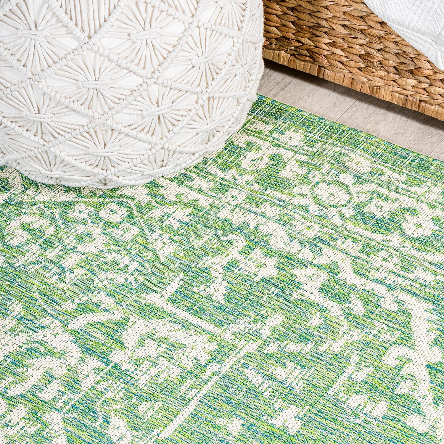 JONATHAN Y SMB104F-210 Malta Bohemian Medallion Textured Weave Indoor Outdoor Runner Rug, Coastal,Traditional,Transitional Easy Clean,Bedroom,Kitchen,Backyard,Patio, Non-Shed, Cream/Green, 2 X 10