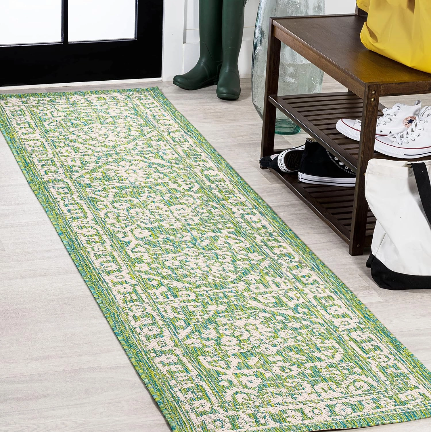 JONATHAN Y SMB104F-210 Malta Bohemian Medallion Textured Weave Indoor Outdoor Runner Rug, Coastal,Traditional,Transitional Easy Clean,Bedroom,Kitchen,Backyard,Patio, Non-Shed, Cream/Green, 2 X 10
