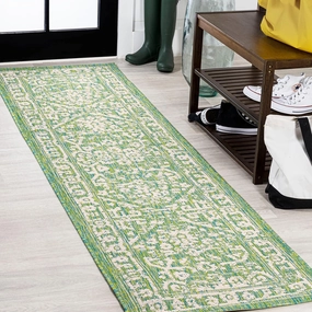 JONATHAN Y SMB104F-210 Malta Bohemian Medallion Textured Weave Indoor Outdoor Runner Rug, Coastal,Traditional,Transitional Easy Clean,Bedroom,Kitchen,Backyard,Patio, Non-Shed, Cream/Green, 2 X 10