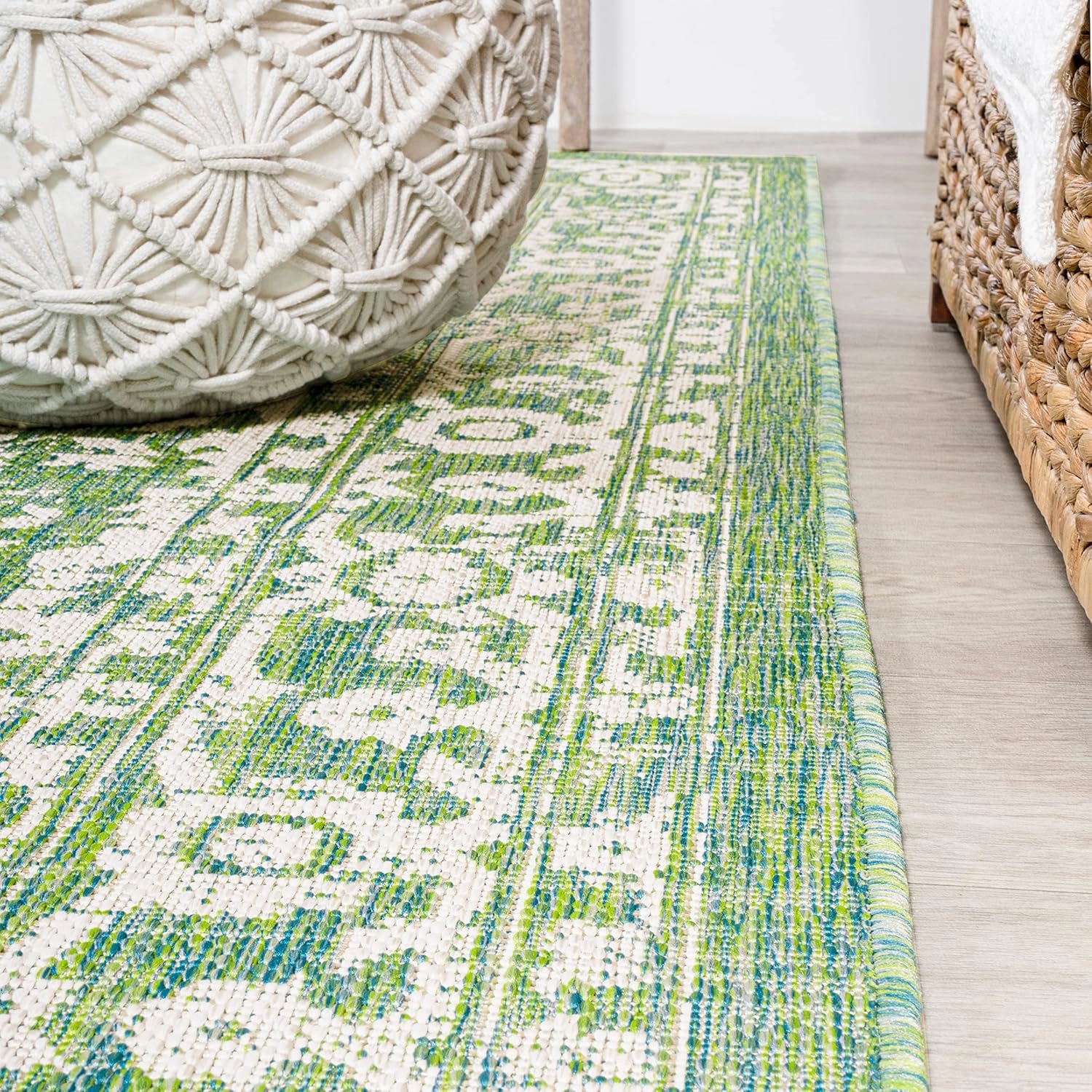 JONATHAN Y SMB104F-210 Malta Bohemian Medallion Textured Weave Indoor Outdoor Runner Rug, Coastal,Traditional,Transitional Easy Clean,Bedroom,Kitchen,Backyard,Patio, Non-Shed, Cream/Green, 2 X 10