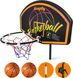 Jumpfly Trampoline Basketball Hoop - Easy to Install, Universal Attachment Fits Straight & Curved Poles with Mini Balls & Pump
