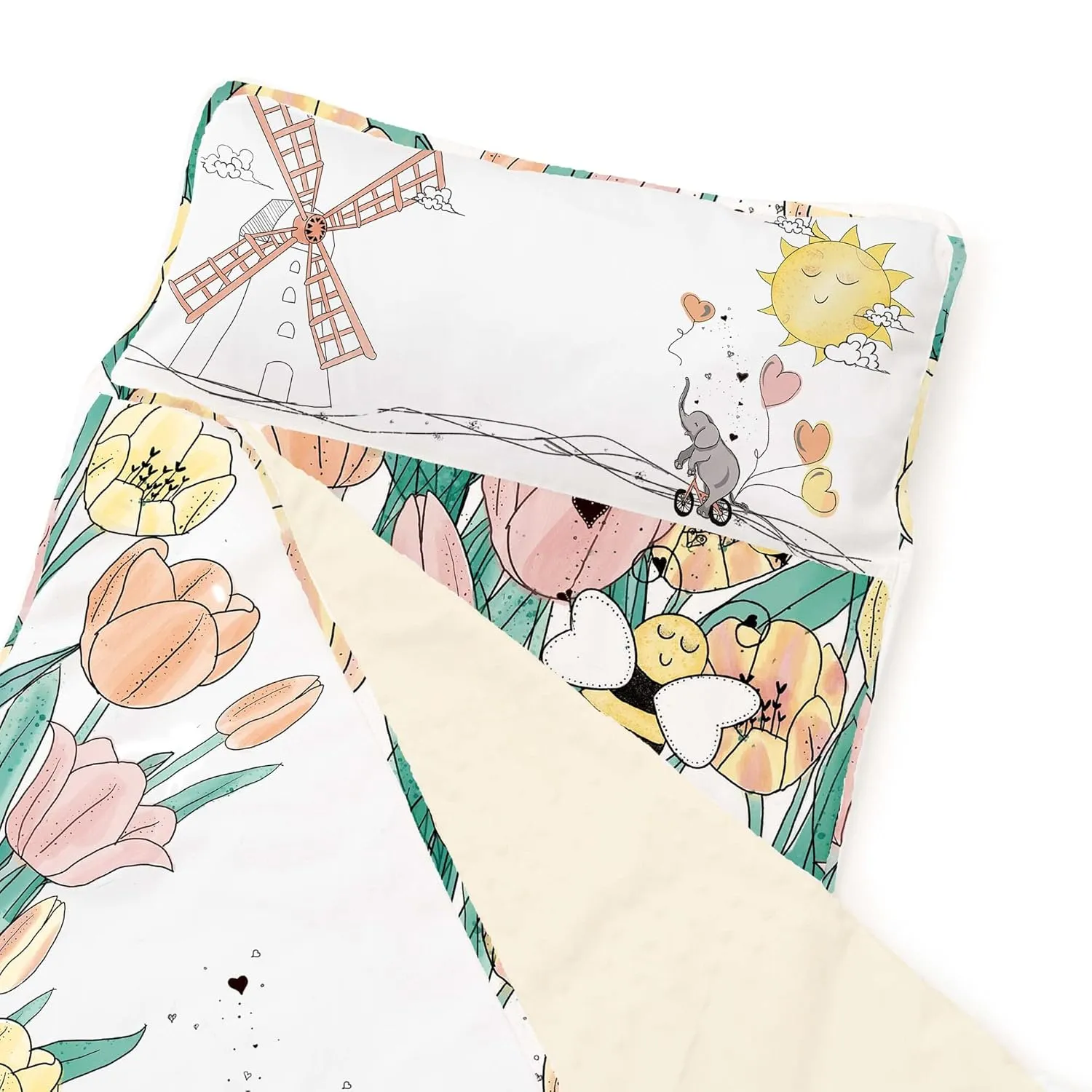 JumpOff Jo - Extra Long Toddler Nap Mat for Preschool, Daycare and Kindergarten - Sleeping Bag for Kids with Removable Pillow and Ultra Soft Blanket - Tulip Fields
