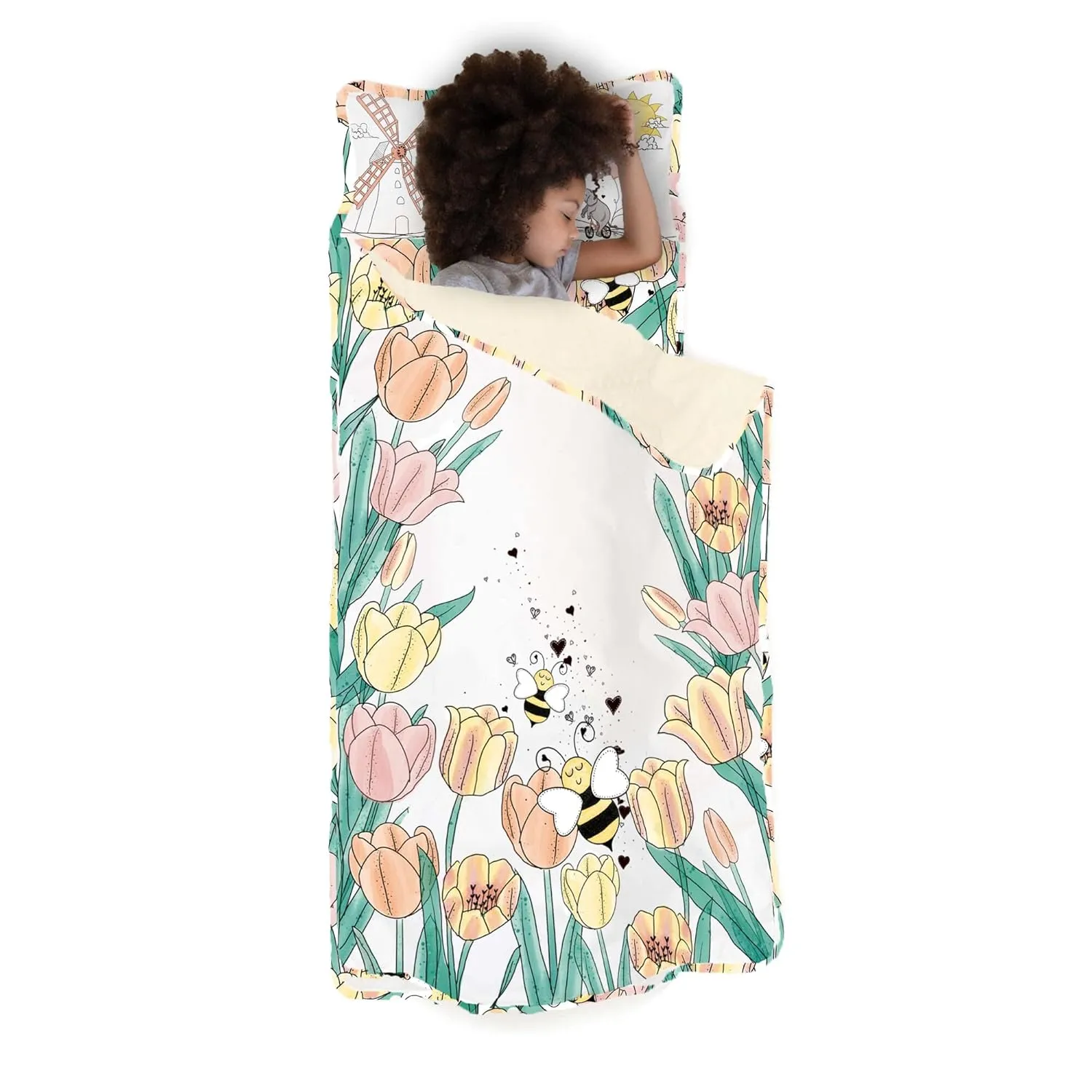 JumpOff Jo - Extra Long Toddler Nap Mat for Preschool, Daycare and Kindergarten - Sleeping Bag for Kids with Removable Pillow and Ultra Soft Blanket - Tulip Fields