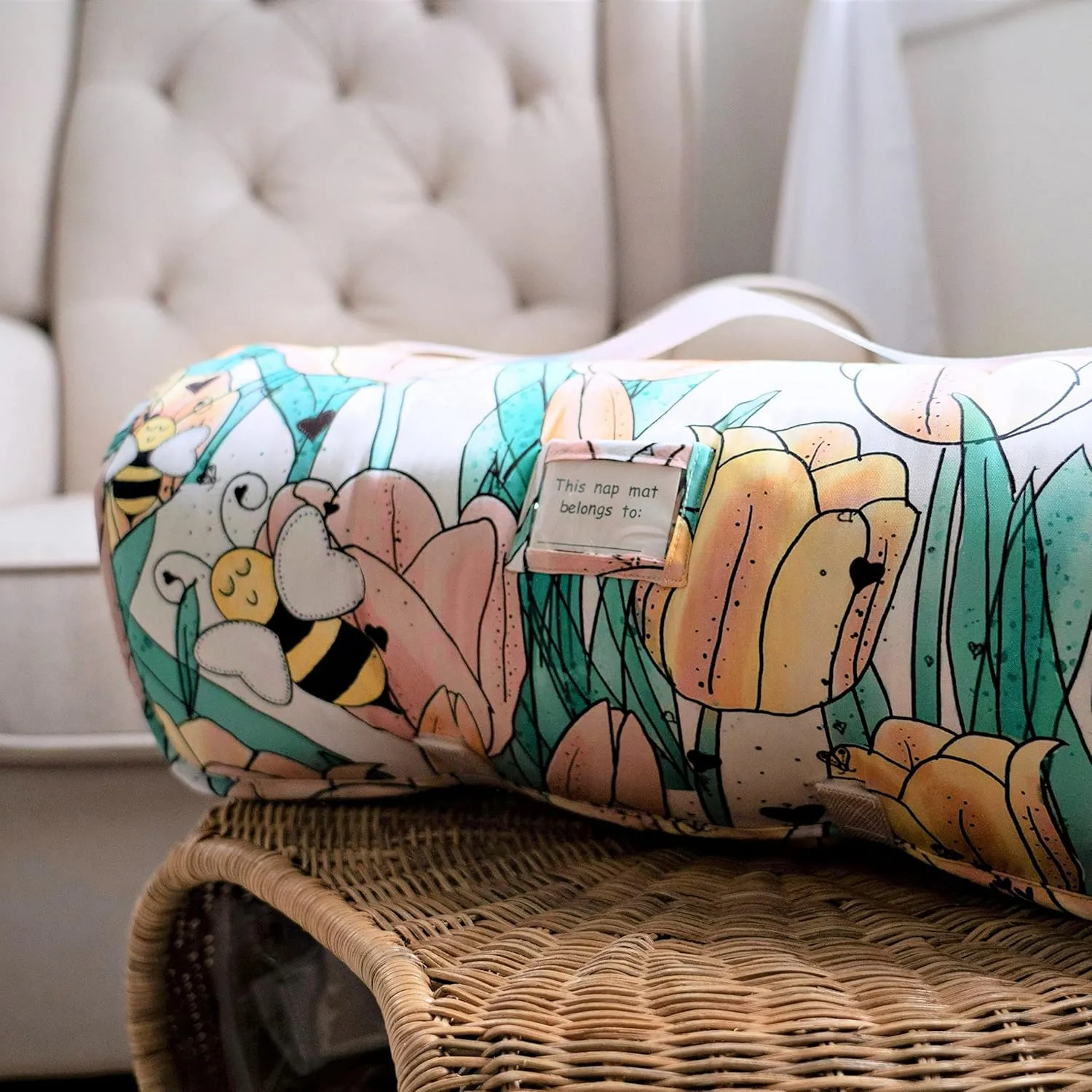 JumpOff Jo - Extra Long Toddler Nap Mat for Preschool, Daycare and Kindergarten - Sleeping Bag for Kids with Removable Pillow and Ultra Soft Blanket - Tulip Fields