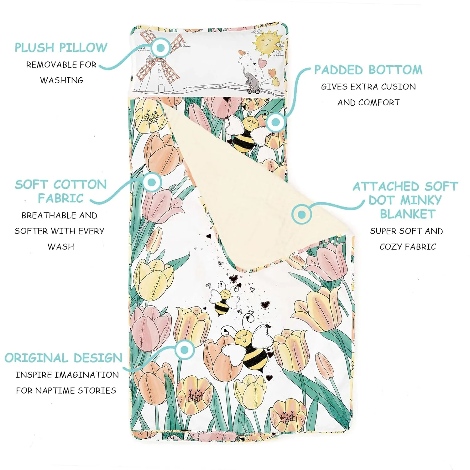JumpOff Jo - Extra Long Toddler Nap Mat for Preschool, Daycare and Kindergarten - Sleeping Bag for Kids with Removable Pillow and Ultra Soft Blanket - Tulip Fields