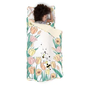 JumpOff Jo - Extra Long Toddler Nap Mat for Preschool, Daycare and Kindergarten - Sleeping Bag for Kids with Removable Pillow and Ultra Soft Blanket - Tulip Fields