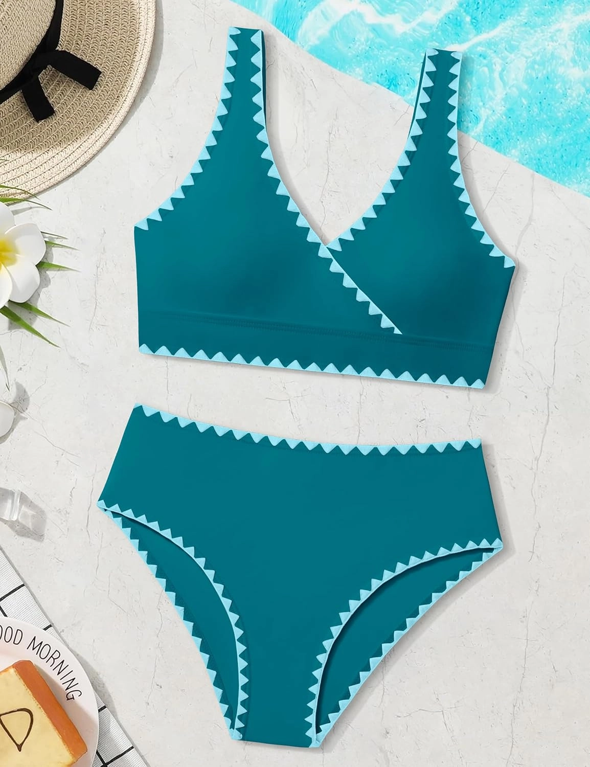KANGKANG Girls Swimsuit Bikini Set Solid Color V-Neck Two Piece Bathing Suit with Chest Pad Adjustable Straps Swimwear 7-16T