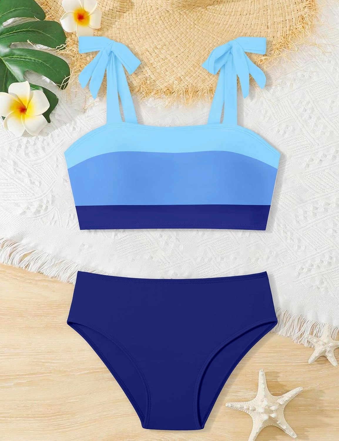 KANGKANG Girls Swimsuit Solid Color Block Adjustable Straps Teen Girl Bikini Set Kids Bathing Suits for Girls Size 7-16
