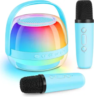 Karaoke Machine for Kids, Birthday Gifts for 3 4 5 6 7 8 9 10 11 Year Old Girl Boy, Portable Bluetooth Speaker with Colorful LED Lights and 2 Wireless Mics, Toys for Ages 3-12, Home Party (Blue)