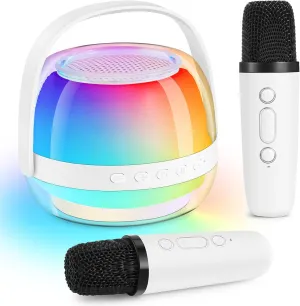 Karaoke Machine for Kids, Birthday Gifts for 3 4 5 6 7 8 9 10 11 Year Old Girl Boy, Portable Bluetooth Speaker with Colorful LED Lights and 2 Wireless Mics, Toys for Ages 3-12, Home Party (White)