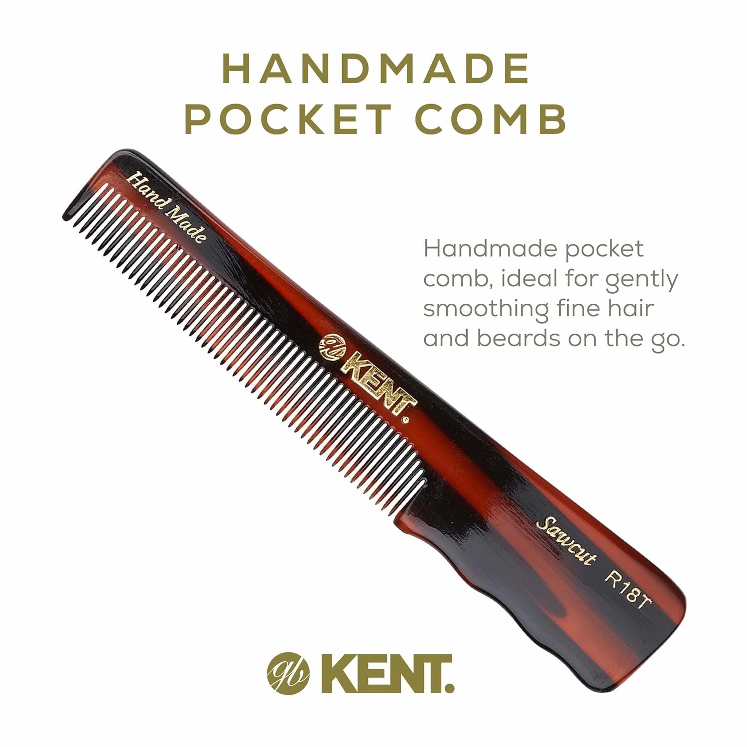 Kent R18T Fine Tooth Comb for Men with Ergonomic Thumb Grip - Handmade Large Hair Comb for Styling, Saw Cut and Hand Polished, Made in England (5.4")