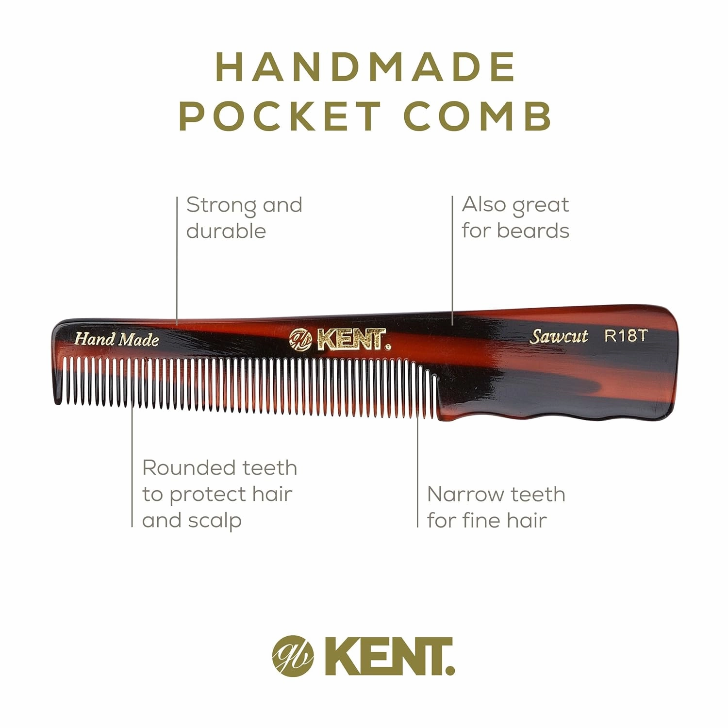 Kent R18T Fine Tooth Comb for Men with Ergonomic Thumb Grip - Handmade Large Hair Comb for Styling, Saw Cut and Hand Polished, Made in England (5.4")