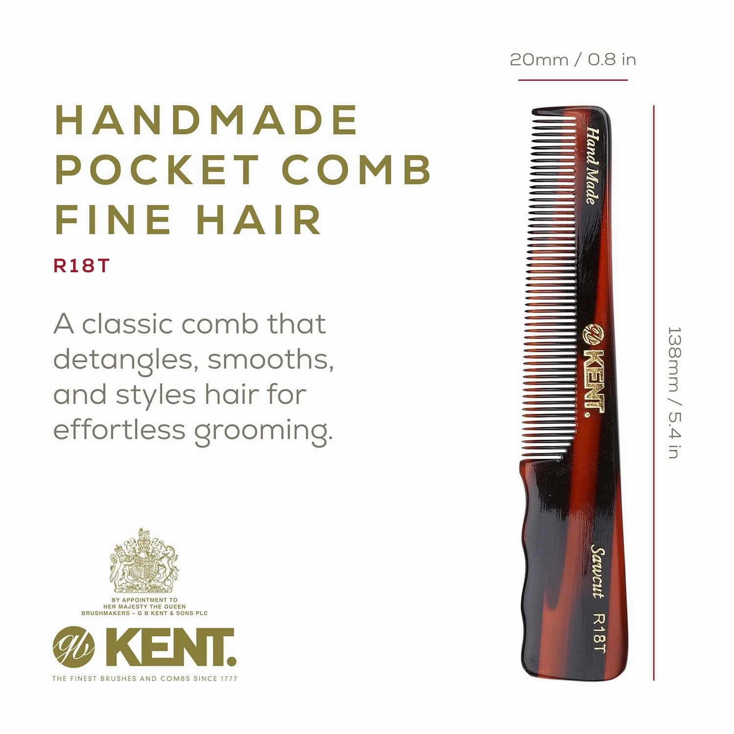 Kent R18T Fine Tooth Comb for Men with Ergonomic Thumb Grip - Handmade Large Hair Comb for Styling, Saw Cut and Hand Polished, Made in England (5.4")