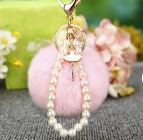 Keyring Light Pink Fluffy Ball with Ballet Dancer and Pearls