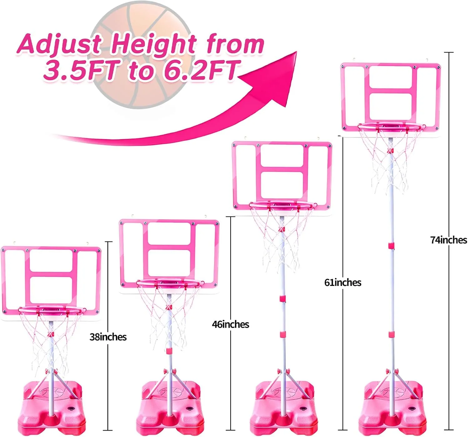 Kids Basketball Hoop with Stand, Adjustable Height 3.5FT-6.2FT Toddler Basketball Hoop, Basketball Goal Outdoor Indoor Toys for Girls Age 3 4 5 6 7 8 Years Old Gifts(Pink)