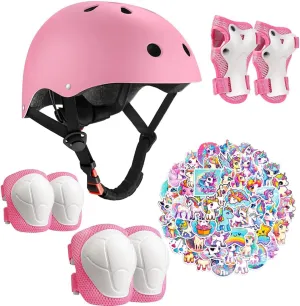 Kids Bike Helmet with Knee Elbow Wrist Pads Guards,Pink,for Ages 2-3-5-8-14,Sports Bicycle,Skate Scooter,Rollerblading with Unicorn Sticker