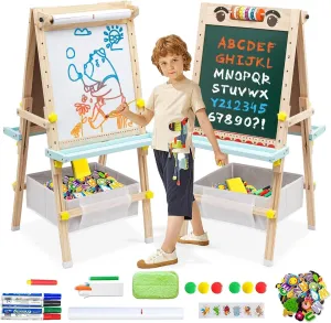 Kids Easel with Paper Roll Double-Sided Whiteboard & Chalkboard Wooden Art Easel Height Adjustable Standing Easel,Drawing Learning Board for Toddlers Boys Girls