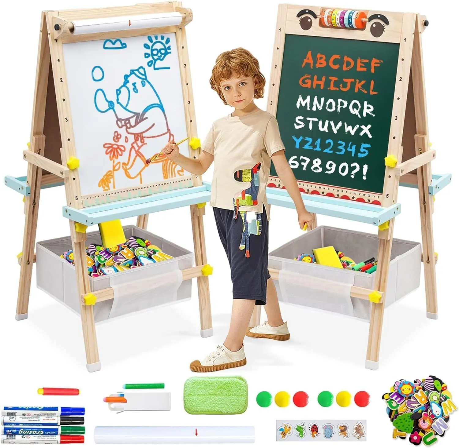 Kids Easel with Paper Roll Double-Sided Whiteboard & Chalkboard Wooden Art Easel Height Adjustable Standing Easel,Drawing Learning Board for Toddlers Boys Girls
